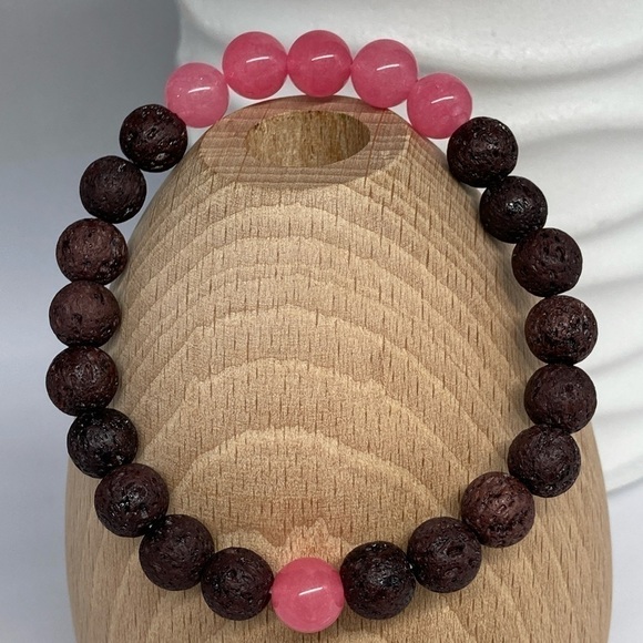 PINK Jade and Brown Lava Stone Stretch Bracelet - Picture 1 of 10
